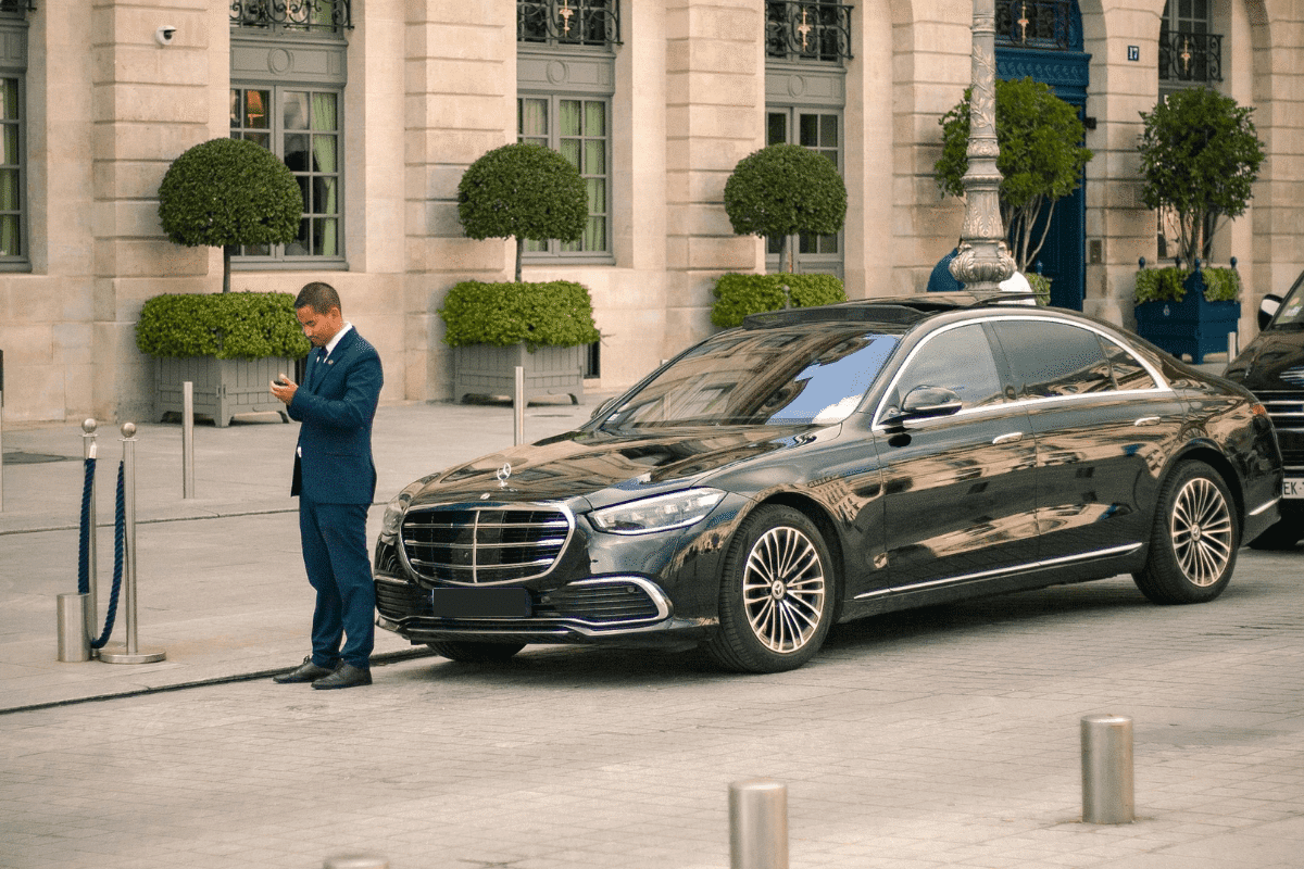 Chauffeur professionnel attendant devant un palace parisien